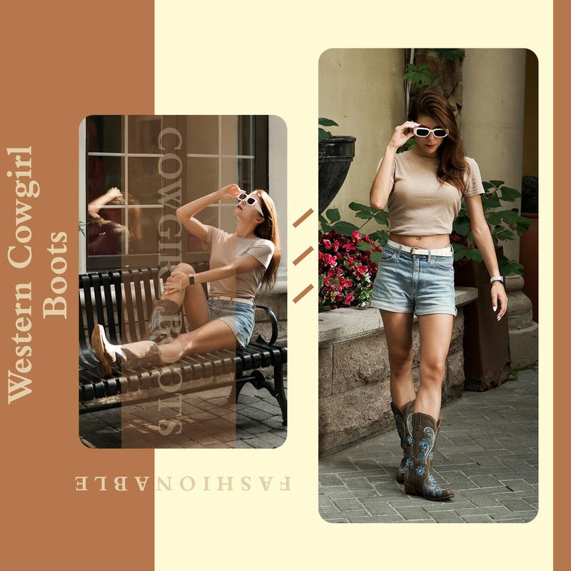 IUV Cowboy Boots For Women Mid Calf Western Boots Cowgirl Pull-On Tabs Pointy Toe Boot