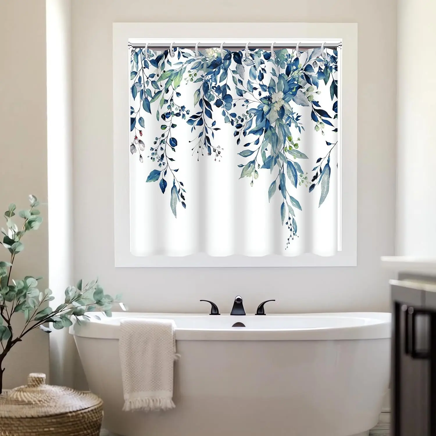 Blue Eucalyptus Shower Window Curtain for Bathroom 40x36 Inch | Waterproof Small Short Watercolor Bathroom Window Curtain with Hooks, Soft and Lightweight, Machine Washable