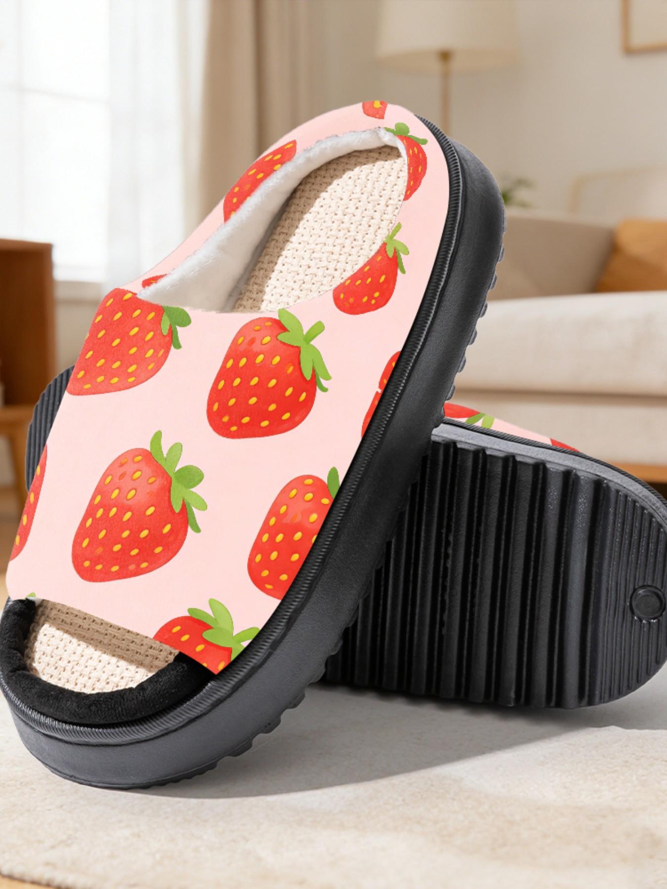 Sweet Strawberry Print Linen Open-Toe Sandals, Casual Textile Eva Sole, Less Than Ankle Height, All Seasons Cartoon Pattern