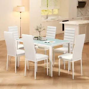 Packages Shipping]Modern Dining Table Set For 6, 7 Piece Glass Dining Table Set With PU Leather Chairs, Kitchen Table And Chairs Set For Home, Dining Room
