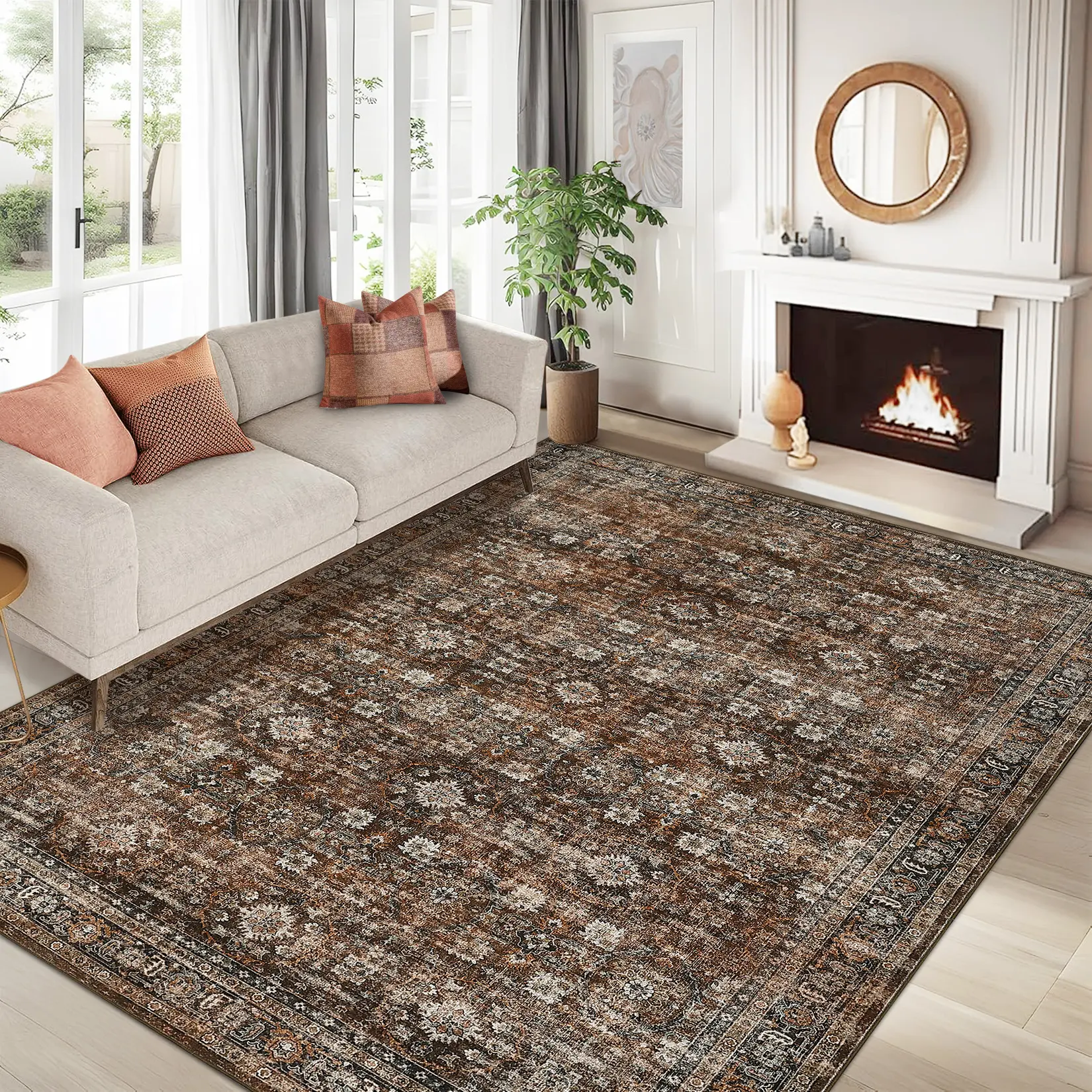 Washable Vintage Distressed Area Rug, Low-Pile Indoor Carpet - Mark-Resistant, Non-Slip, Collapsible - Living Room Bedroom Dining Room Nursery