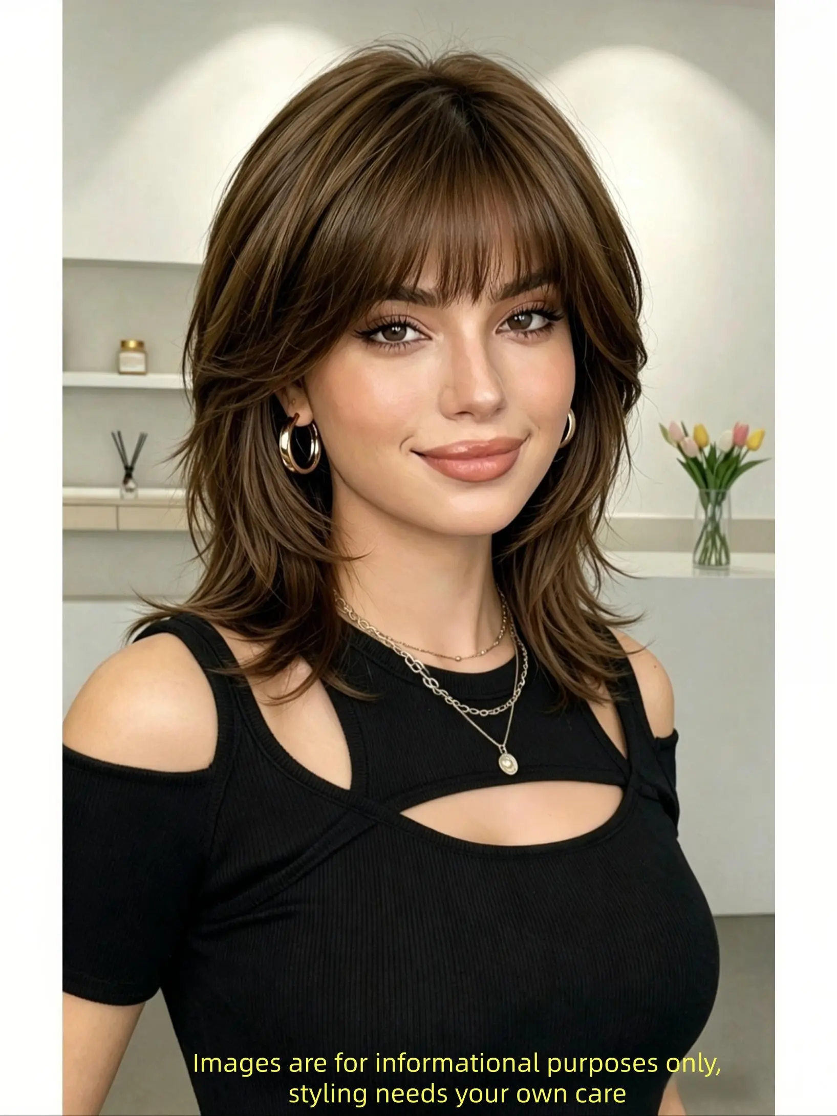 Short Brown Shaggy Wig with Bangs for Women, 12 Inch Layered Wolf Cut Bob Synthetic Wig with Honey Highlights, Natural Looking Heat Resistant Glueless Feathered Hair Wig for Daily Wear Party Cosplay Fiber Synthetic Wig