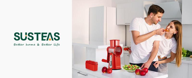 SUSTEAS 5-Blade Rotary Cheese Grater with Suction Base – Retro Green Mandoline Slicer for Effortless Grating & Shredding Vegetable Cutter Vegetable Fruit Cutter Kitchen Gadgets Utensils Ergonomic