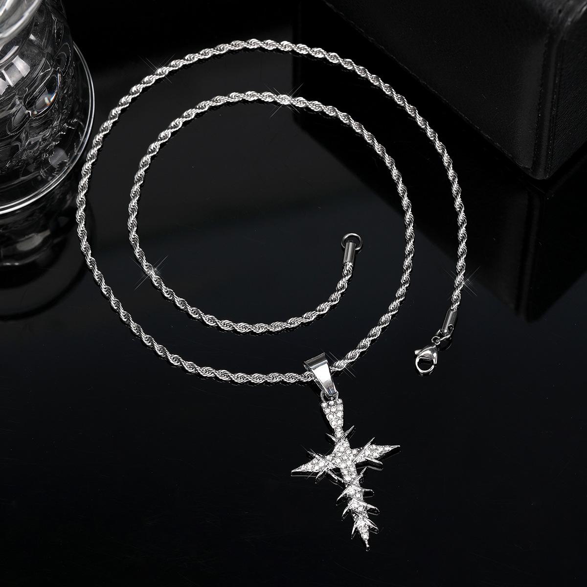 Popular hip-hop style dynamic and sparkling cross pendant necklace with twisted chain, simple alloy design