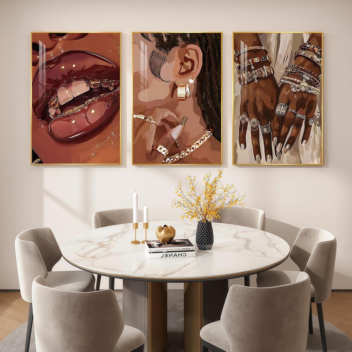 3 Counts Aluminum Alloy Framed Painting, Stylish Woman Jewelry And Gold Accessories Art Posters, Home Decoration For Living Room, Bedroom, Office, Restaurant, Hallway Wall Decor, Odorless Print Artwork, Luxury Perfect Gift For Friends And Family