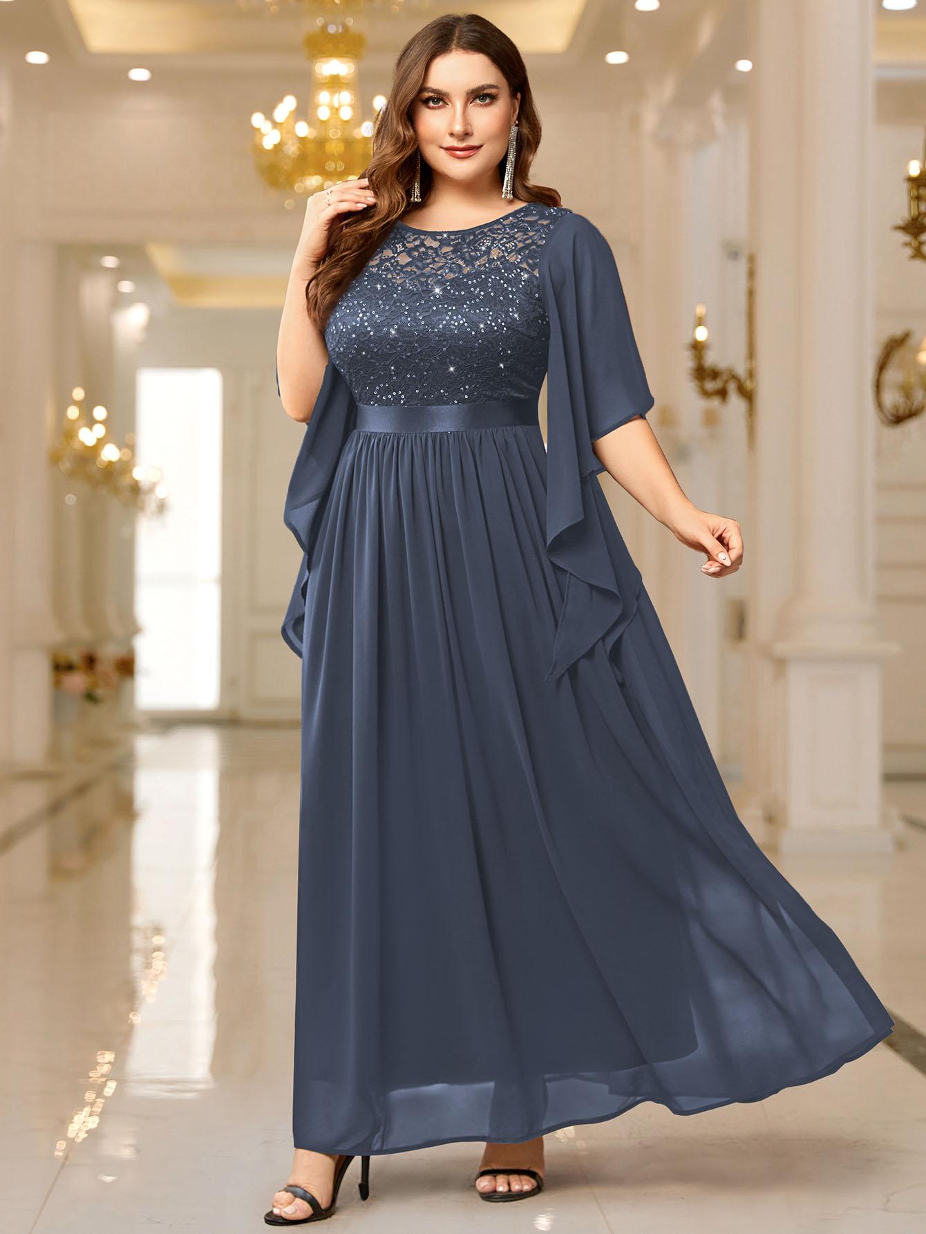 Miusol P83099 Plus Size Women's Sequin Floral Lace Chiffon Flare Sleeve Formal Dress Elegant Evening Gown All Seasons Party dress,Evening dress Normal Type  Womenswear Maxi Dress SpringStatements