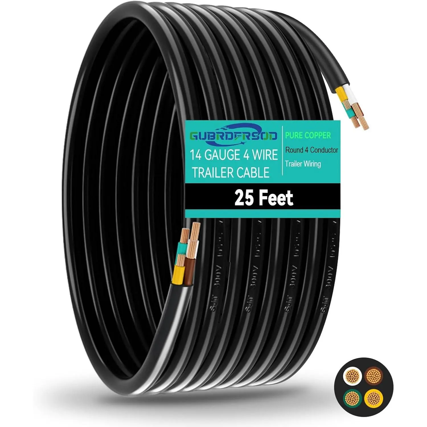 Heavy Duty 25 FT 14 Gauge 4 Way Pure Copper Insulated Stranded Waterproof RV Trailer Cable Cord Color Coded 14 AWG 4 Conductor Round Trailer Wiring Cable Roll