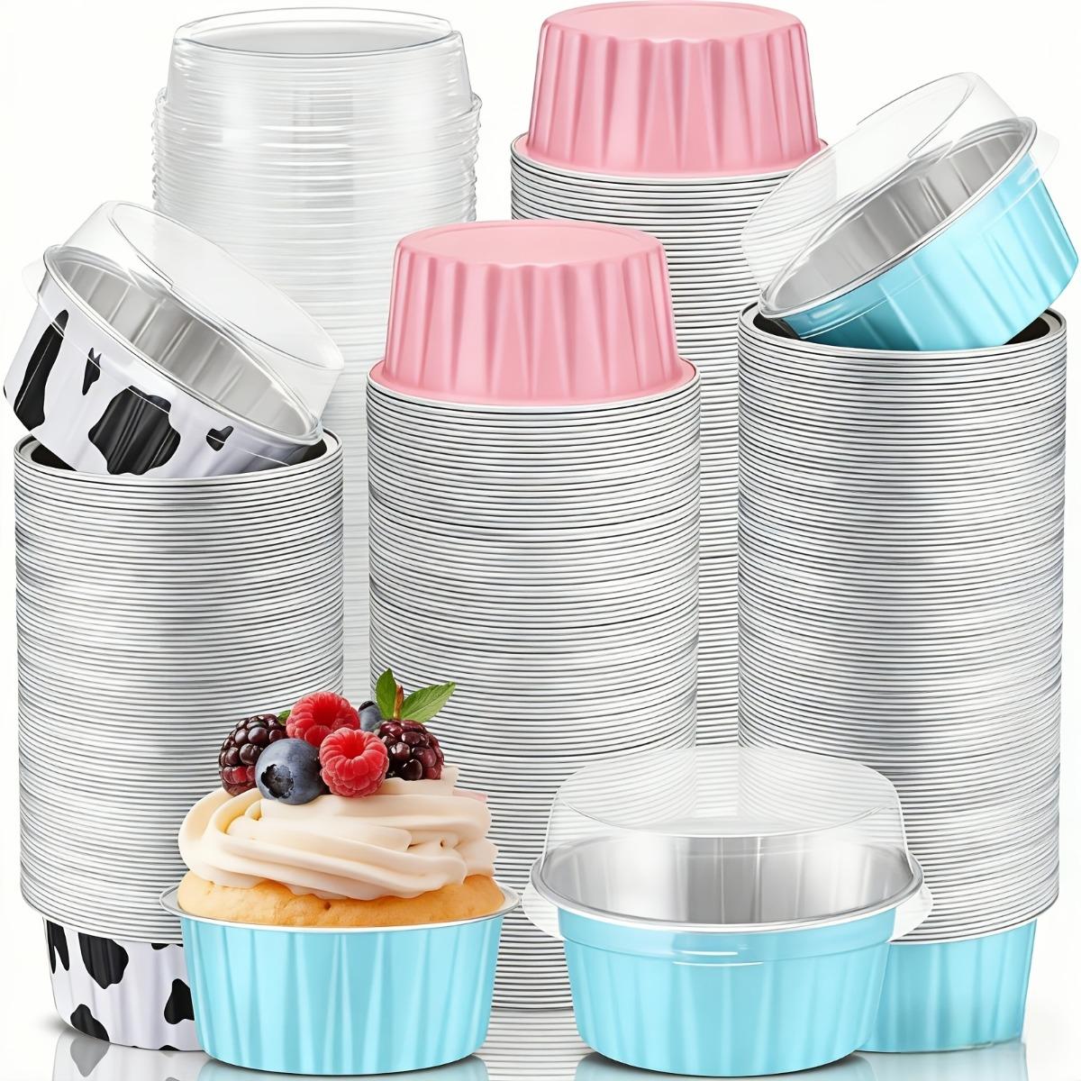 100PCS Disposable Foil Dessert Cup Set, Includes 50 Cups + 50 Lids, Perfect for Muffins, Creme Brulee, Pudding, Cheesecake, Cream Cups and Bakery Packaging, Kitchen Baking Supplies, Pink and Milk Color Optional