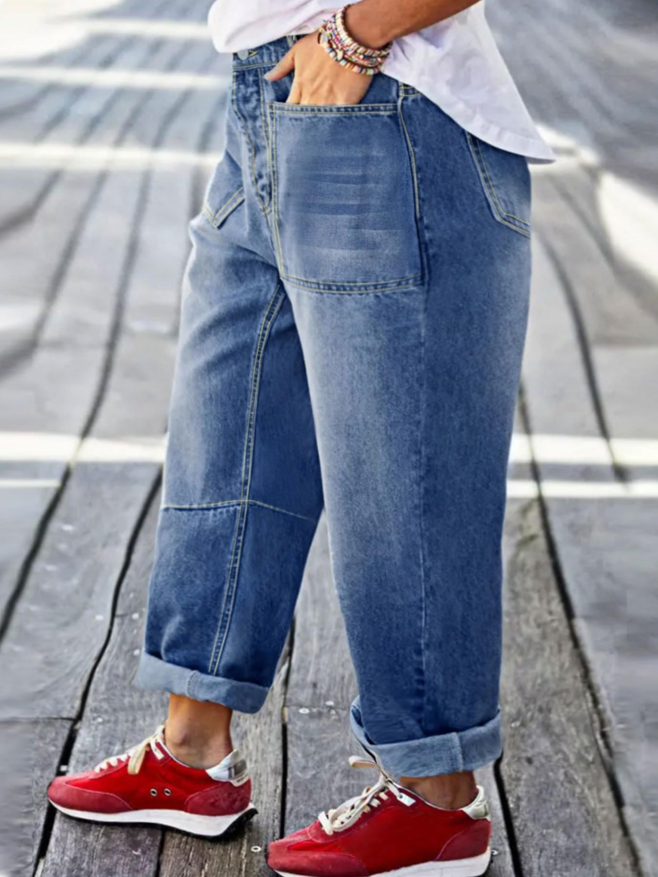 Plus Size Light Wash High Waist Denim Jeans, Relaxed Cuffed Cropped Baggy Pants, Vintage Coastal Casual Utility Wear for Women