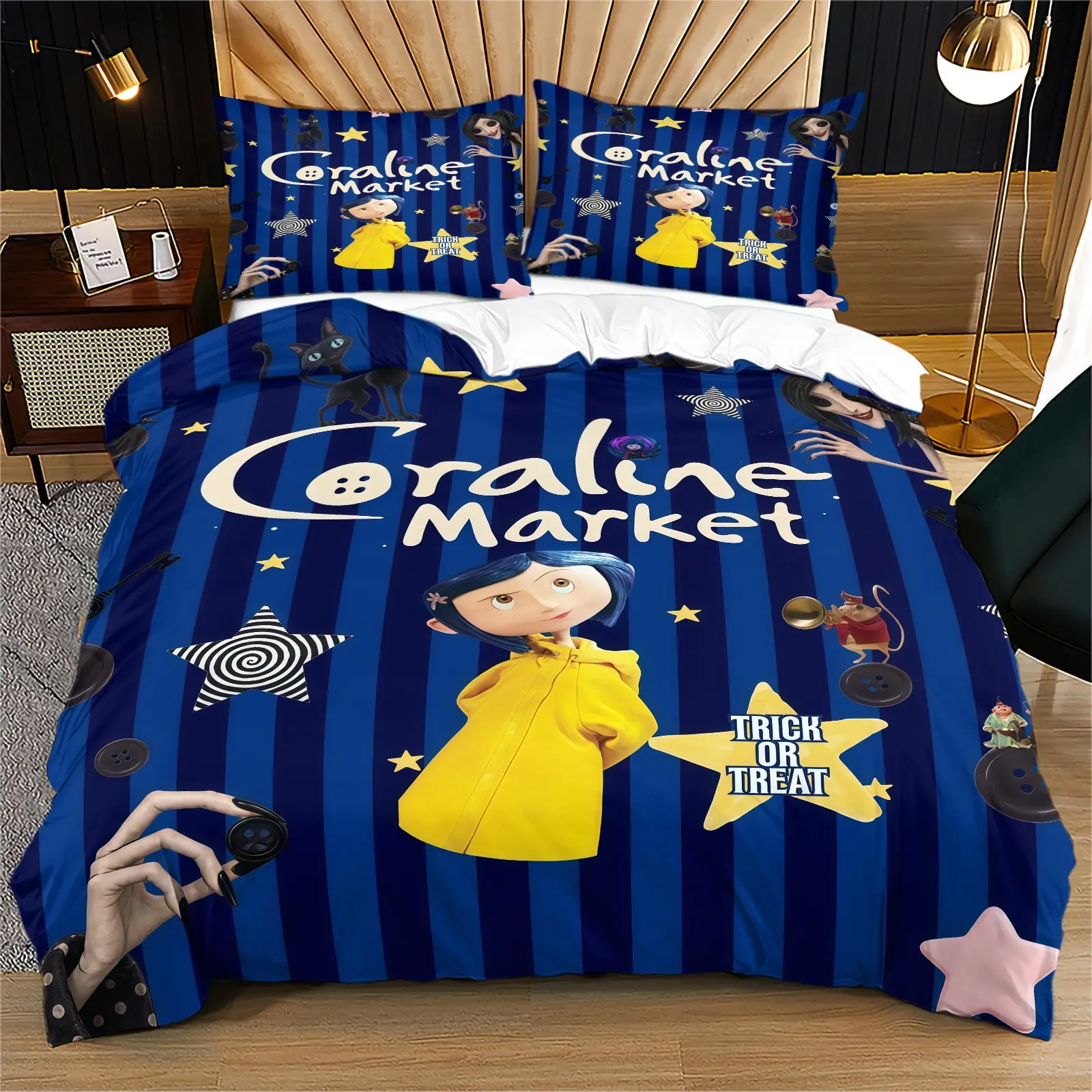 Coraline Printed Pattern Duvet Cover Set, Print Bedding Set, Halloween Theme Of Ghost Mom, 1 Duvet Cover With 2 Pillowcases (Excluding Duvet Core And Pillow Core), Suitable For Teenagers And Adults, Suitable As a Gift And Decoration