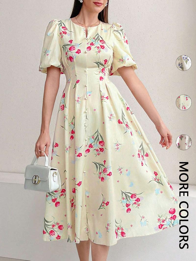 Women's Floral Print Puff Sleeve Dress, Elegant Short Sleeve A Line Dress for Party Holiday Wedding Guest, Ladies Clothes for All Seasons, Womenswear, Shortsleeve, Formal Dresses Women, Wedding Gown