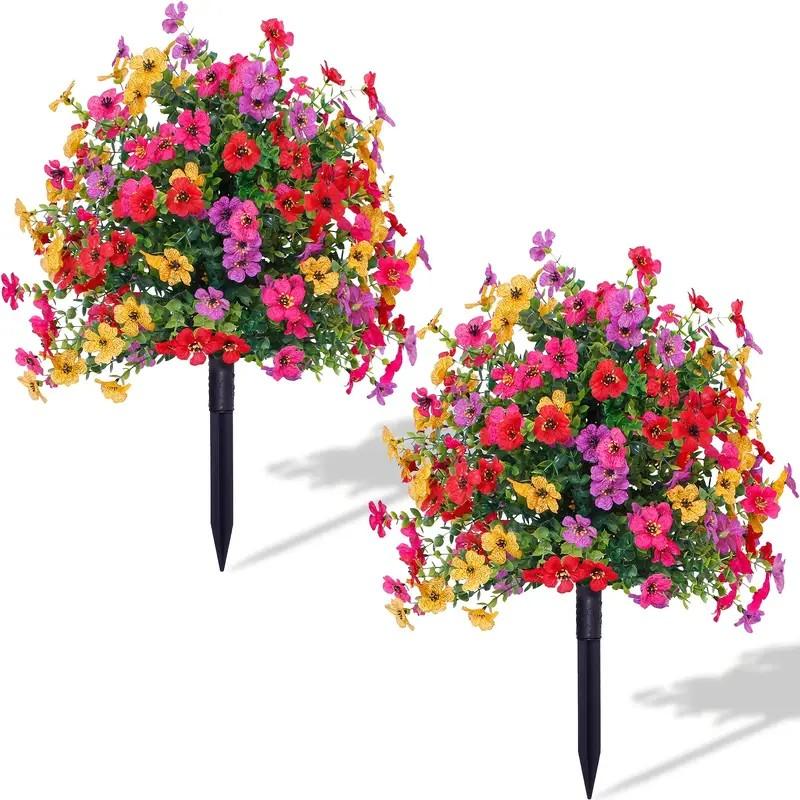 2 Bundles Artificial Violet Rose Bushes, Outdoor UV Resistant Waterproof Artificial Fake Flowers, Decorative Flowers, Garden Porch Patio Decor, Low Maintenance No Watering Needed #GLOBAL PICKS