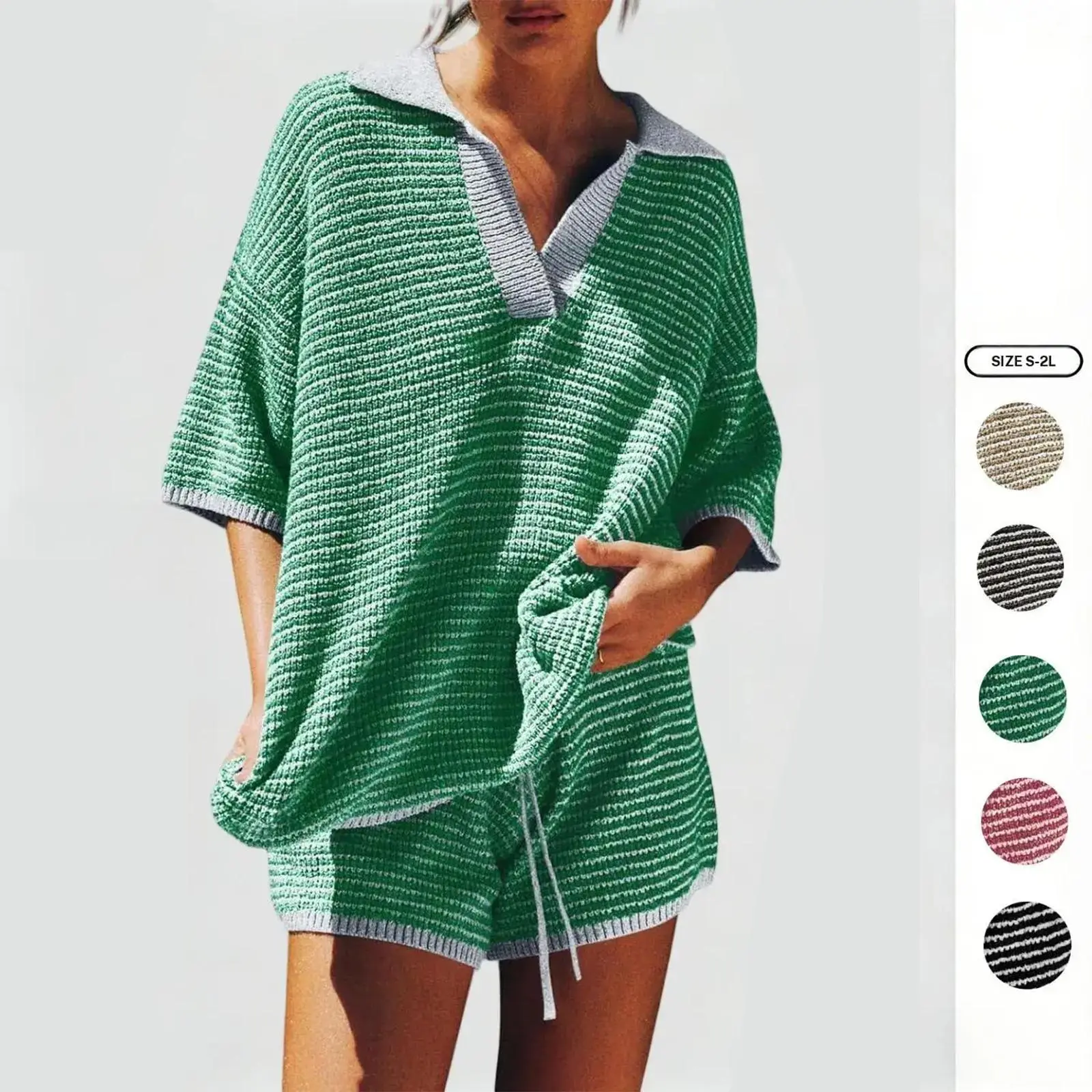 Imily Bela Womens Sweater Set 2 Piece Outfits Oversized 3/4 Sleeve V Neck Knit Tops High Waisted Shorts Lounge Sets