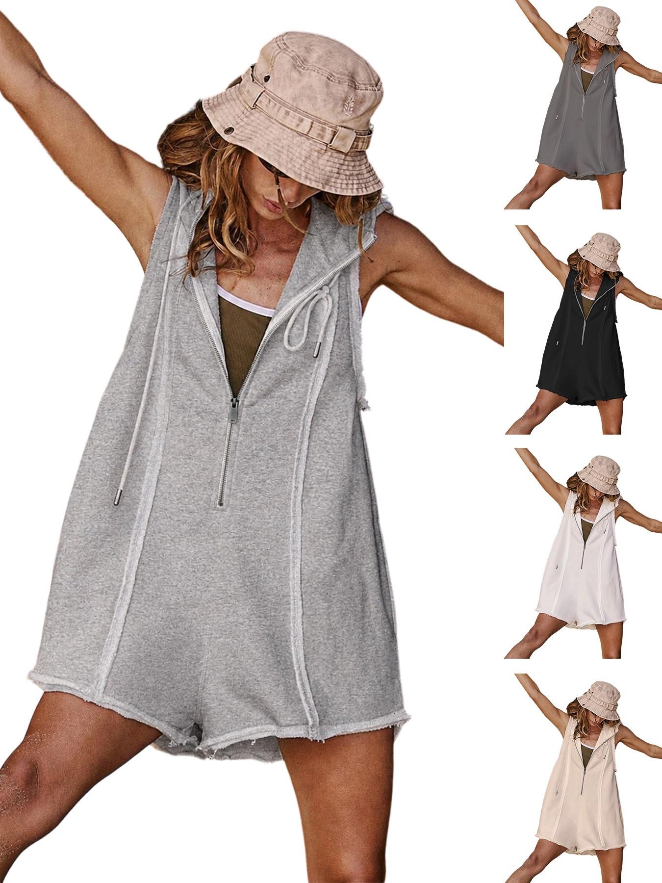 Women's Sleeveless Half Zip Hooded Romper, Loose Fit Raw Hem, Summer Casual Chic One Piece Shorts, Plain Surface, Basic, All Seasons