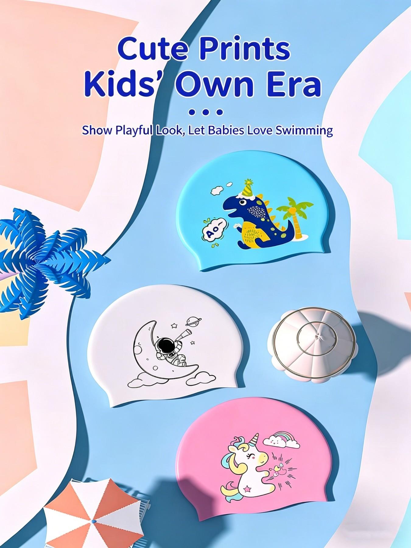 Silicone Swim Cap, Waterproof, Non-Irritating, Unisex, Large Size, High Elasticity, Cartoon Swan Print, Ideal for Boys and Girls