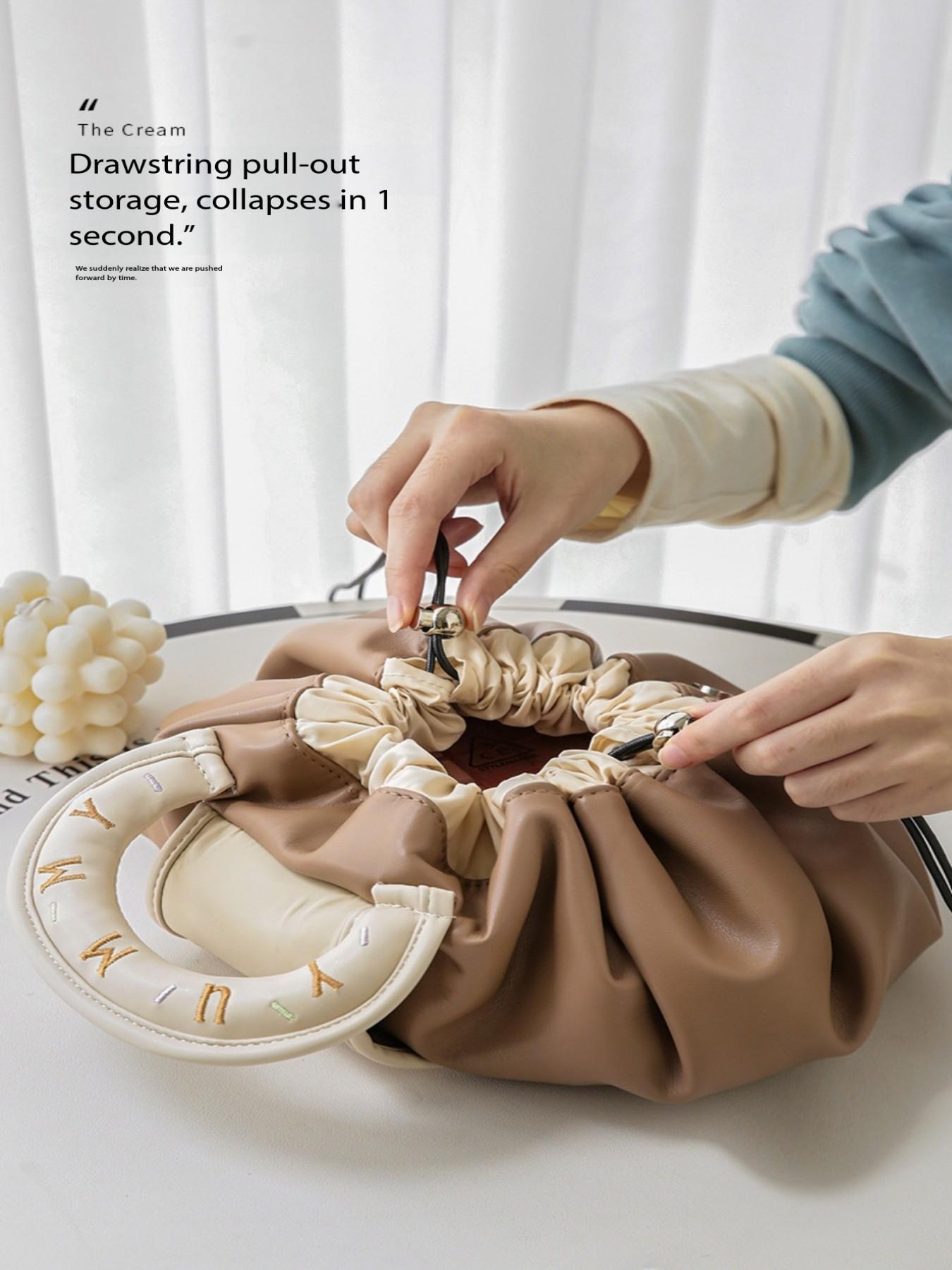 New Lazy Drawstring Makeup Bag for Women, Portable Waterproof PU Travel Wash Bag, Handheld Storage Pouch Box, High-End Design