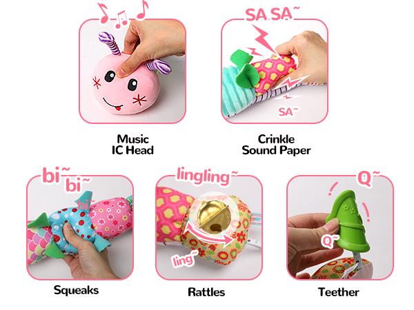 Newborn Baby Girl Gift Toys,Infant Tummy Time Toys,Musical Stuffed Animal with Multi-Sensory Crinkle, Rattle and Textures,Baby Boy Girl Gifts,Pink Cute Play