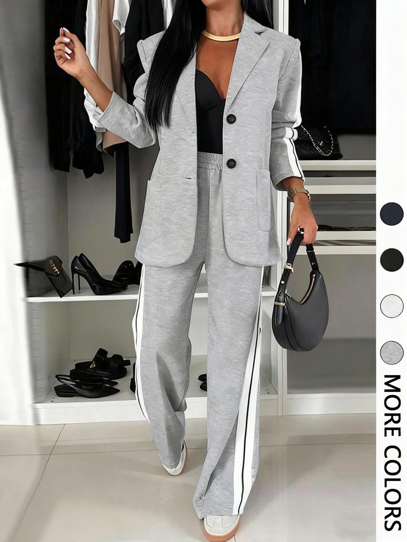 Valentine's Day Women's Striped Print Blazer Jacket & Wide Leg Pants Set, Casual Fitted Suit for All Seasons, Stylish Ladies' Clothing Ensemble Valentine's Day Women's Striped Print Blazer Jacket & Wide Leg Pants Set, Casual Fitted Suit for All Seasons, Stylish Ladies' Clothing Ensemble