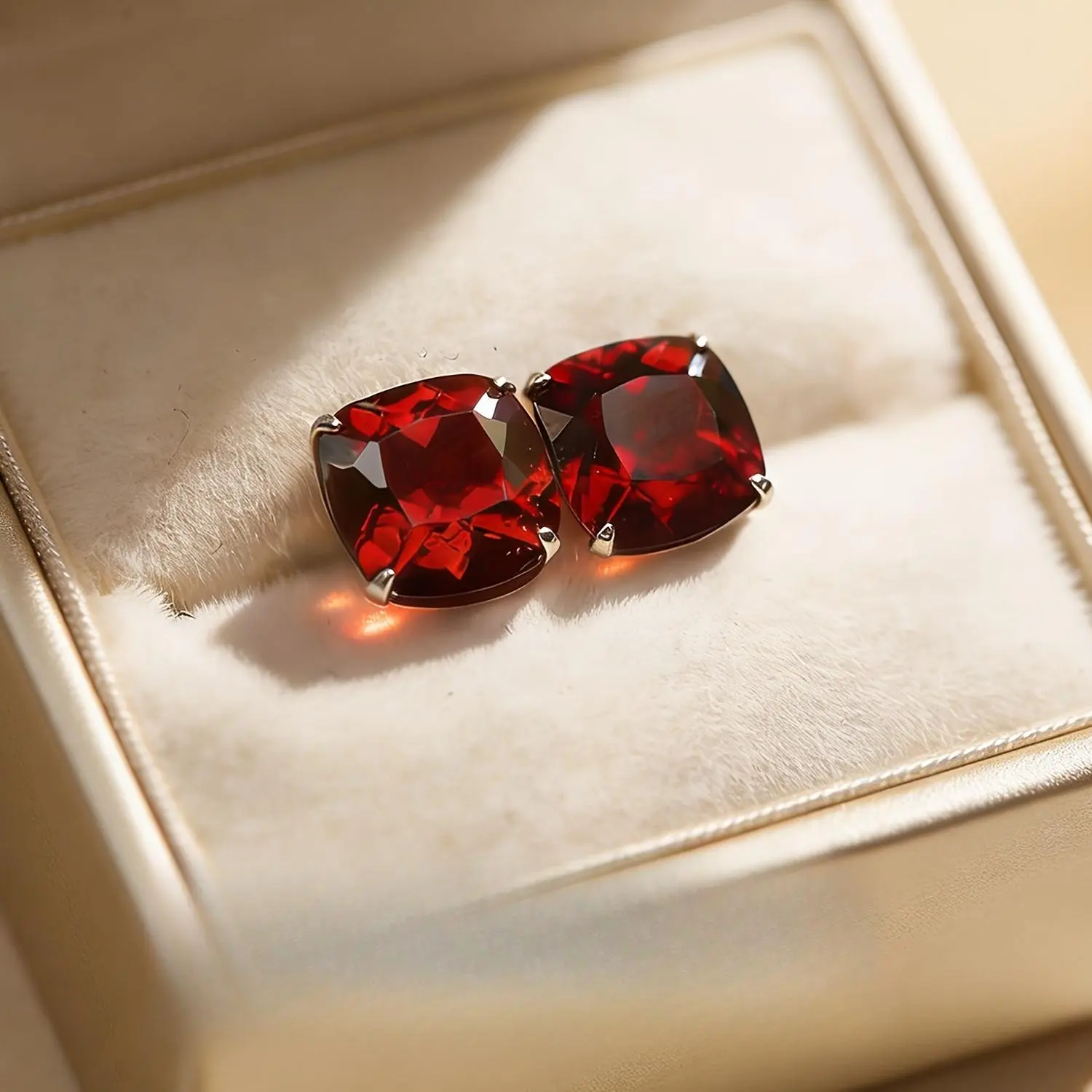Earrings featuring 5x5/6x6mm cushion-cut synthetic opals, with elegant and sexy red jewelry. Ideal Valentine's Day gift.