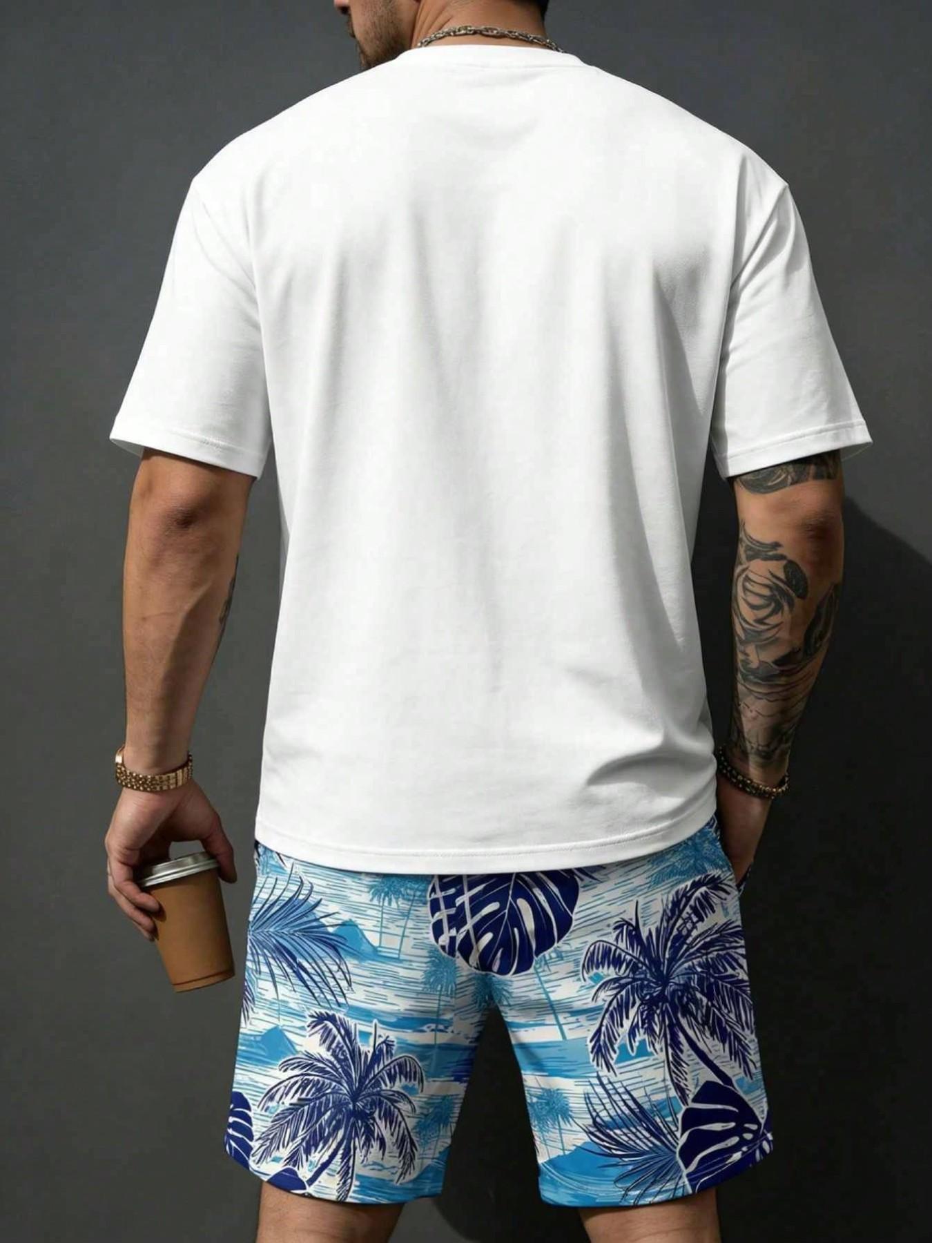 Summer Men's Outdoor Round Neck Short Sleeve T-Shirt and Shorts Set, Vacation Style All over Print, Fitted, Above the Knee
