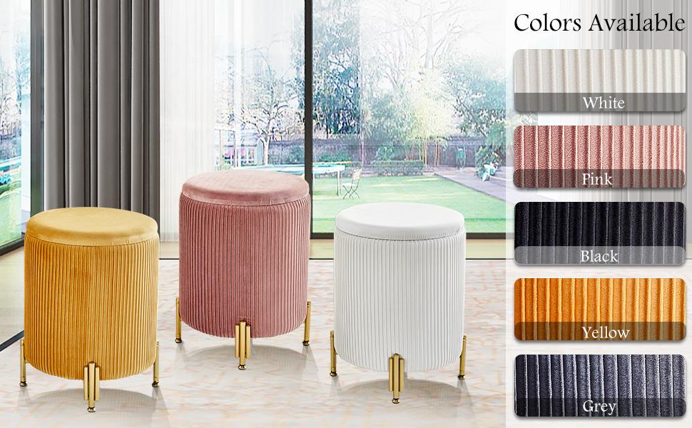 Round Ottoman Foot Stool with Storage and Metal Legs for Living Room Bedroom, Velvet Upholstered Footrest Stool Support 300lbs Modern Padded Seat Ottoman Coffee Table, Autumn, Winter, Warm