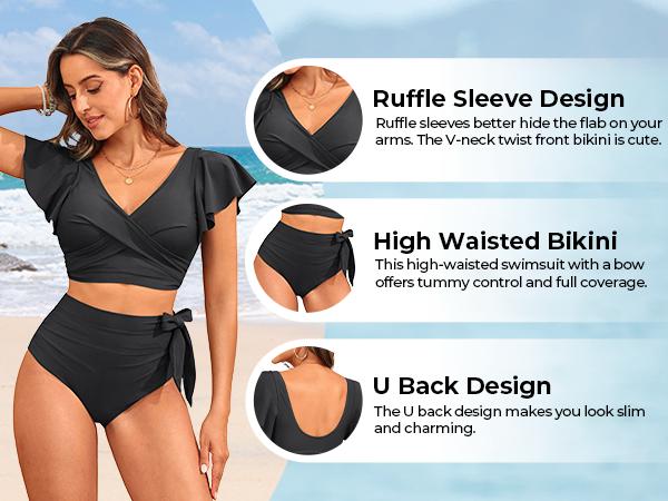 Aqua Eve Ruffle Bikini High Waisted Swimsuit - Women Two Piece Bathing Suit Tummy Control Bikini Set