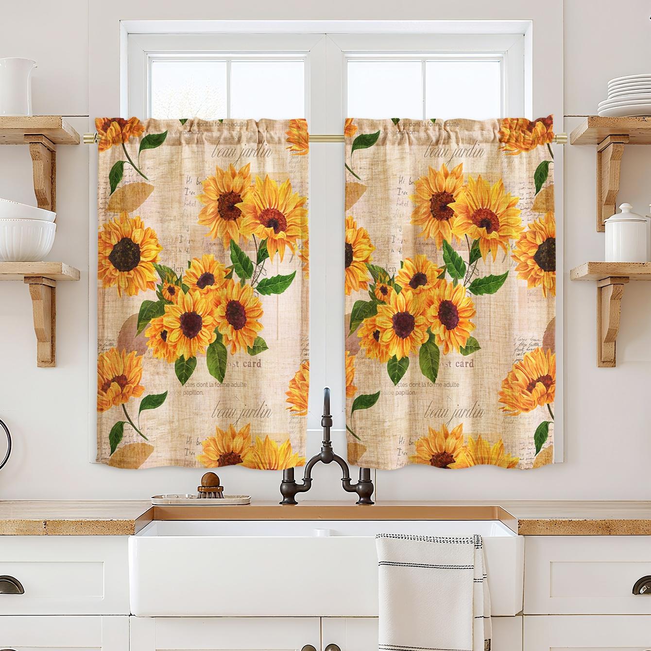 JIT 1PC/2PCS/3PCS linen printed curtains, fresh pastoral style with warm-toned sunflower patterns, semi-transparent rod-pocket type, 195G fabric texture, suitable for kitchens and bedrooms, making your home warmer and cozier, Window Curtain