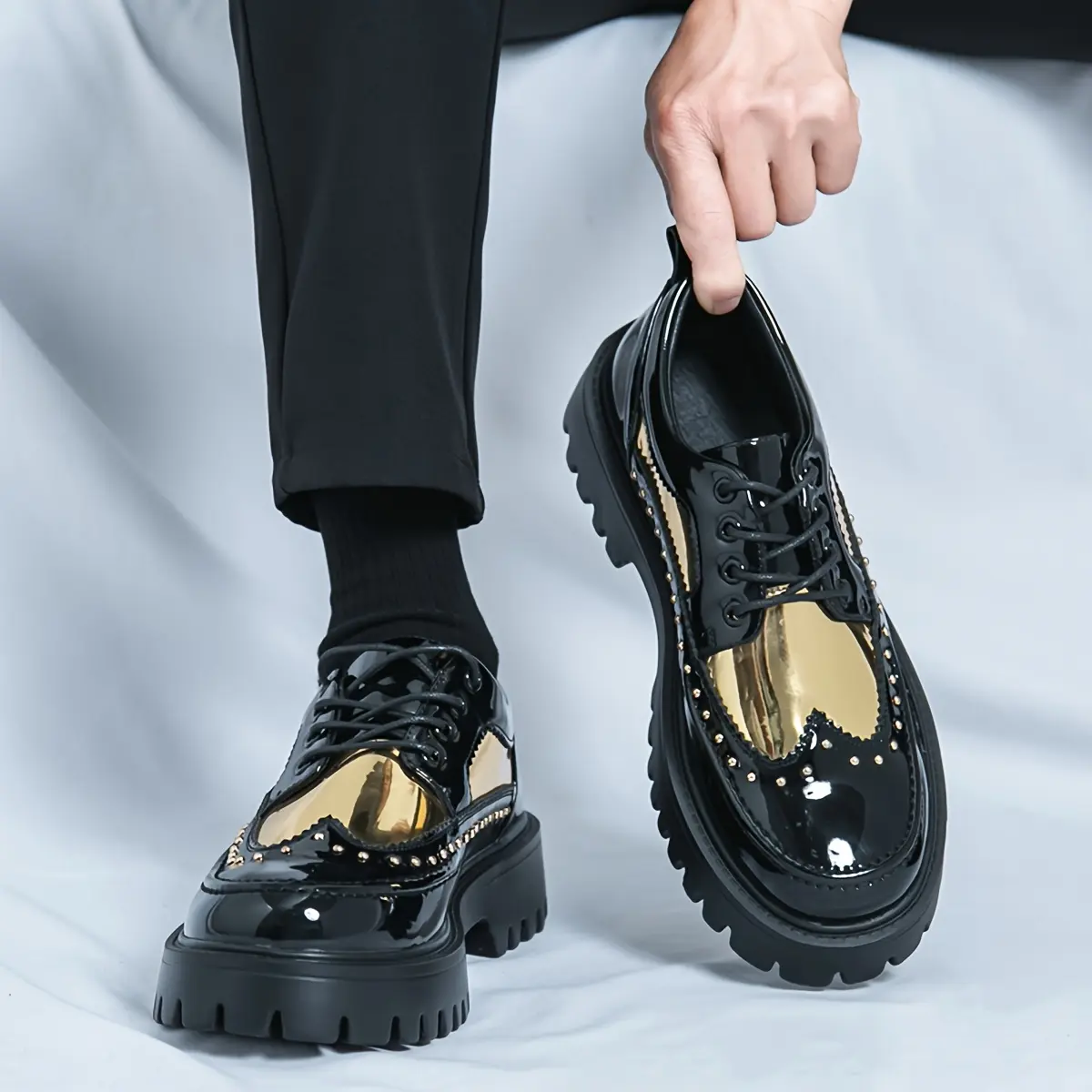 [Brogue Shoes Loafers] Men's Color-Blocked Brogue Shoes with Thick Soles, Oversized Loafers, Everyday Patent Lace-Up Formal Shoes for Office Business Casual Wear