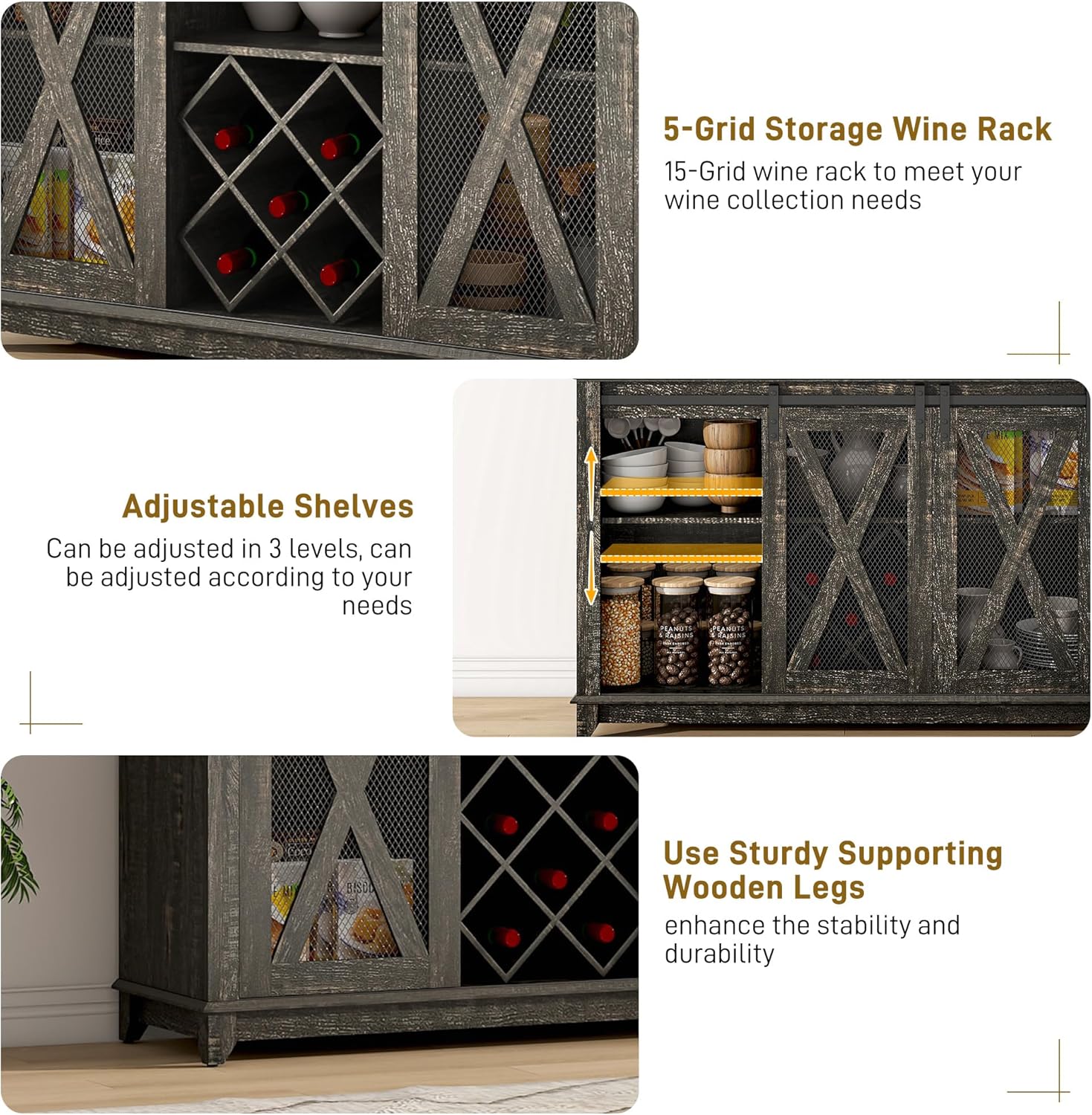 63"W/47"W/31.5"W Farmhouse Coffee Bar Cabinet with LED Light,Wine Bar Cabinet w/ Tier Storage Hutch,Kitchen Buffet Cabinet w/Sliding Barn Door & Wine and Glass Racks for Kitchen Dining Room(Brown/Antique White/Dark Rustic Oak)
