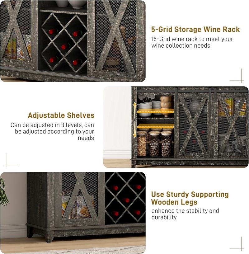 63"W/47"W/31.5"W Farmhouse Coffee Bar Cabinet with LED Light,Wine Bar Cabinet w/ Tier Storage Hutch,Kitchen Buffet Cabinet w/Sliding Barn Door & Wine and Glass Racks for Kitchen Dining Room(Brown/Antique White/Dark Rustic Oak)