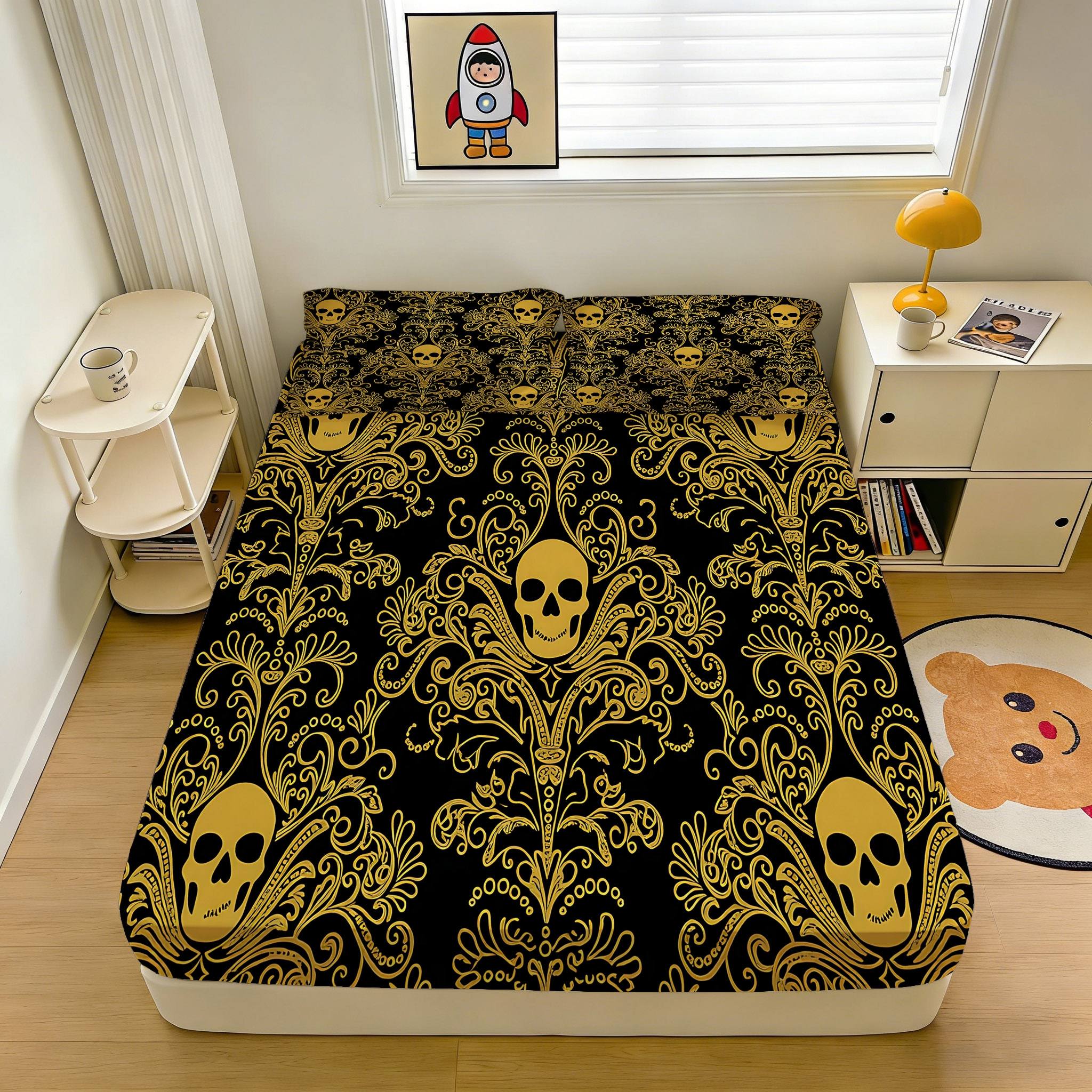 2/3 Pcs Skull Decorative Art Pattern Fitted Sheet Set(1*Fitted Sheet+1/2*Pillowcase,No Filling),High-Definition Digital Printing,Soft And Comfortable Fabric,Suitable For All Year Round,Perfect Gift For Family And Friends On Festivals!