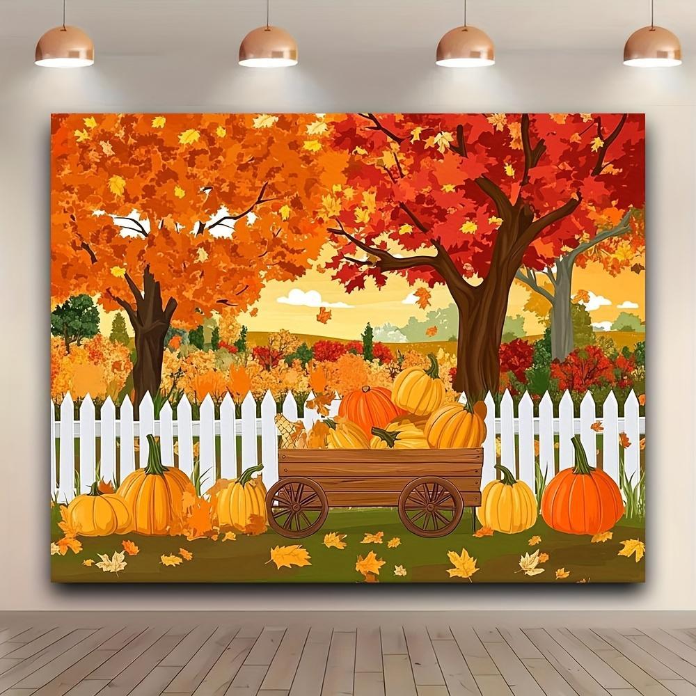 2D Flat, 2D Flat Banner, 1pc Rustic Autumn Photography Backdrop - Autumn Maple Trees with White Fence and Pumpkin Carriage, Vibrant Thanksgiving Harvest Background, Photo Booth Prop, Party Decorat