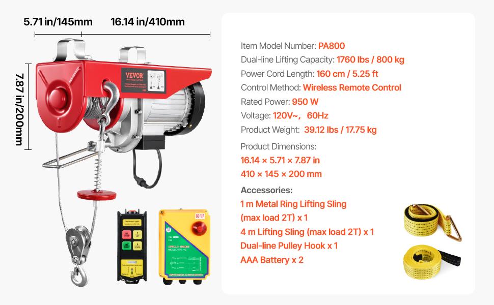 VEVOR Electric Hoist, 1760 lbs 120V Electric Winch with 328 ft Wireless Remote Control, 40 ft Single Cable Lifting Height, Single/Double Slings, Emergency Stop, Lift Hoist for Garage Warehouse Factory