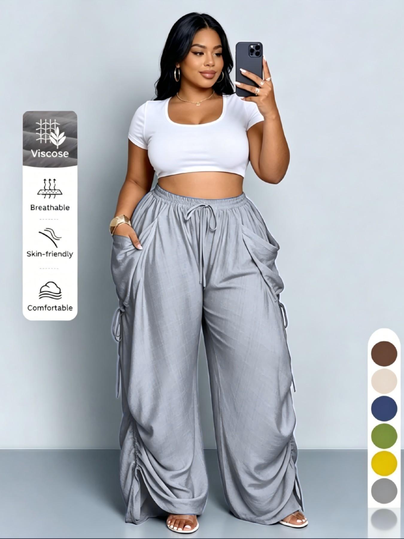 Women's Harem Pants, Casual High-Waisted, Medium Stretch, Thin Fabric, Drawstring Waist with Pockets, Versatile Street Style, Streetwear, Bottom, Casual Elastic Waisted