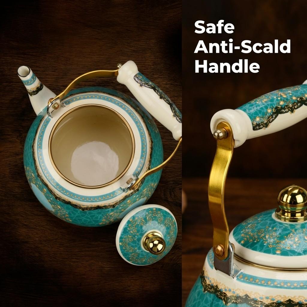 Enamel Tea Kettle with Ceramic Handle, Floral Design, 1.5L-2.5L Capacity, Suitable for Stove & Electric Cooker, Home & Outdoor Use