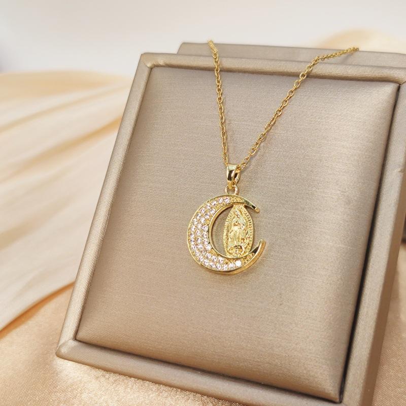 14 Karat Gold Plated Our Lady of Guadalupe Necklace for Female - CZ Virgin Mary Crescent Moon Pendant, Dainty Catholic Religious Jewelry, Faith Gift for Daily Wear, Special Occasions