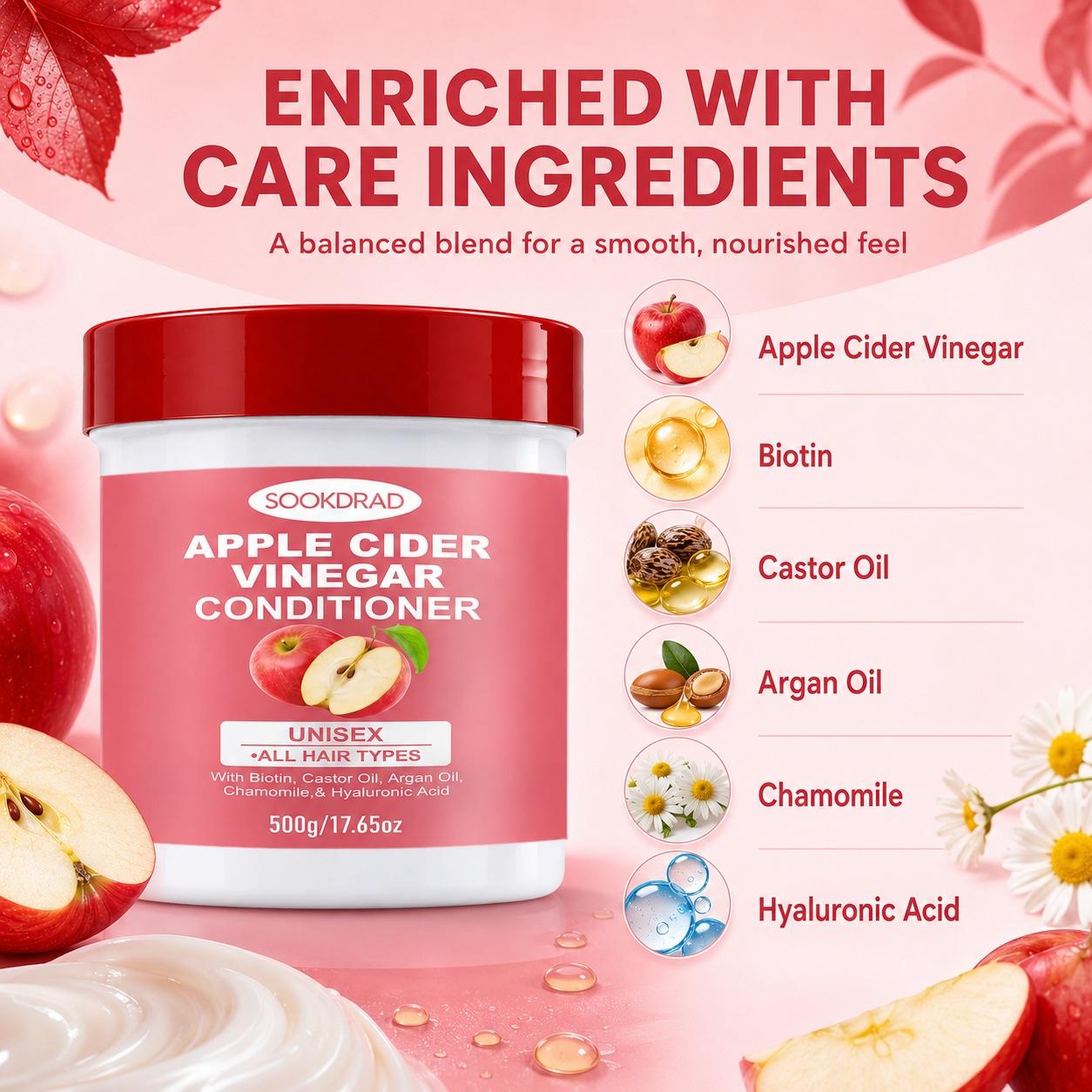Apple Cider Vinegar Nutritive Conditioner, With Biotin, Castor Oil, Argan Oil, Chamomile, Hyaluronic Acid, Suitable For All Hair Types, Unisex, Daily Hair Care, Conditioning Hydrate Shine, 500g