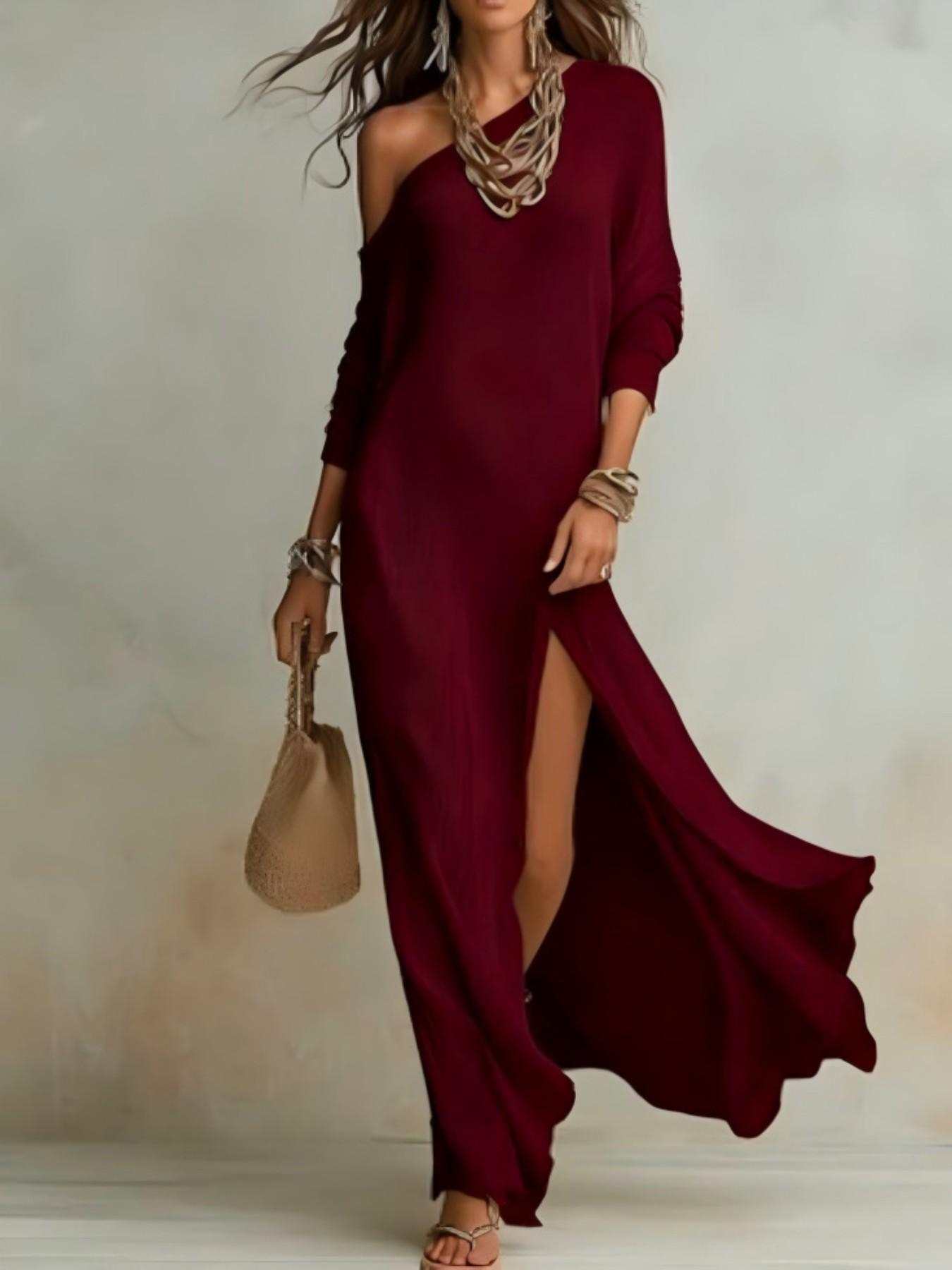 Elegant Chic Asymmetrical One-Shoulder Long Dress for Women, Summer Beach Vacation Style, Split Design, European and American Fashion, Elegance