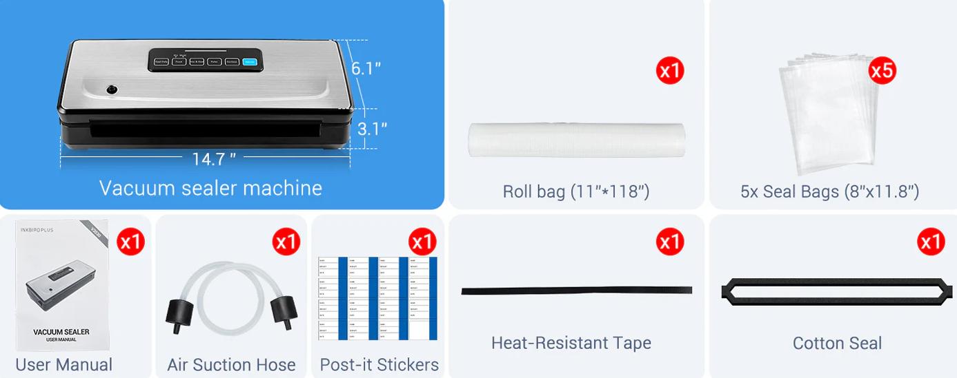 INKBIRD Durable vacuum sealing machine, 1 multifunctional food vacuum sealing machine, suitable for storing meat, vegetables, kitchen utensils, INK-VS02 meal prep containers