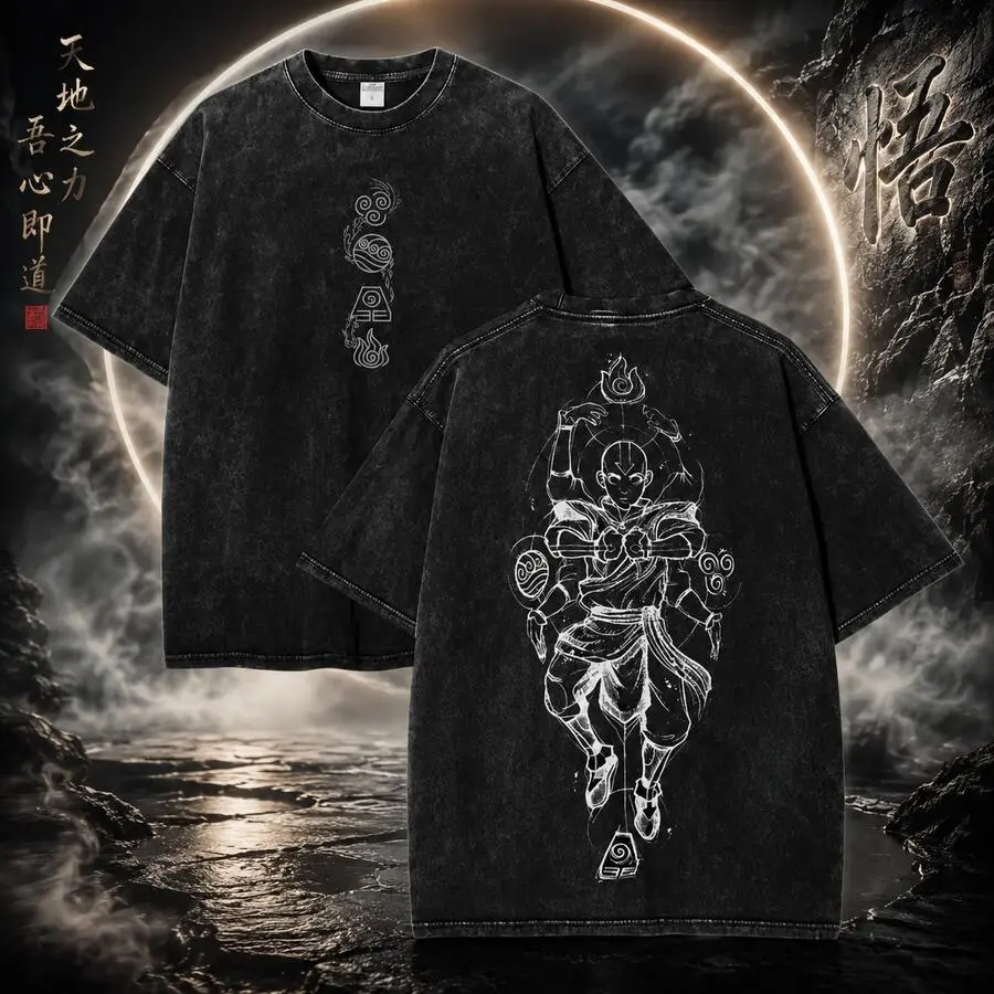 Unisex Vintage Wash Crew Neck Short Sleeve T-Shirt, Double Sided Eastern Martial Monk Figure & Four Element Symbols Graphic Casual Tee, Oriental Aesthetic Streetwear Top for Outdoor Daily Wear for Men and Women