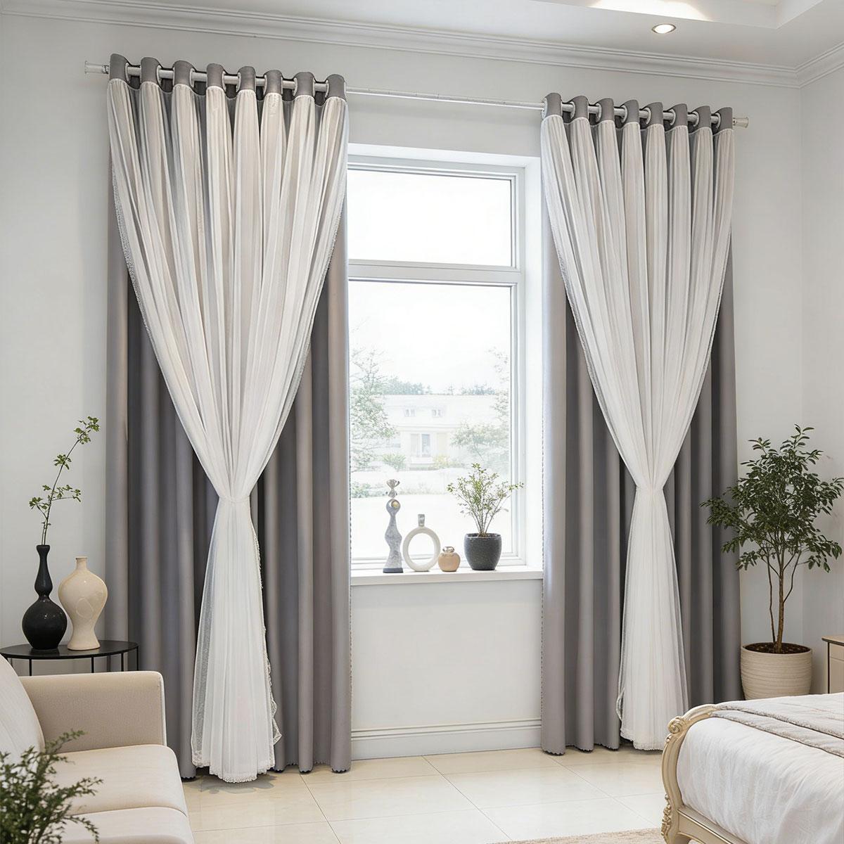 2pcs Wind Double Layer Sheer Curtain Set, Bedroom Girl Style Light Blocking Curtains, Living Room Balcony Soft Atmosphere Curtains