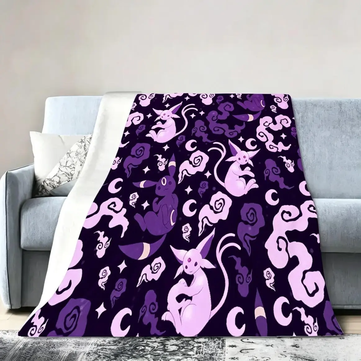Umbreon Espeon Flannel Throw Blankets, Moonlight Galaxy Pattern Cozy Blanket, Psychic Cat Anime Inspired Home Decor for Adults & Kids, Soft Warm Blanket for Family Bedroom Sofa, Christmas Halloween Birthday Gift, Bed Accessories