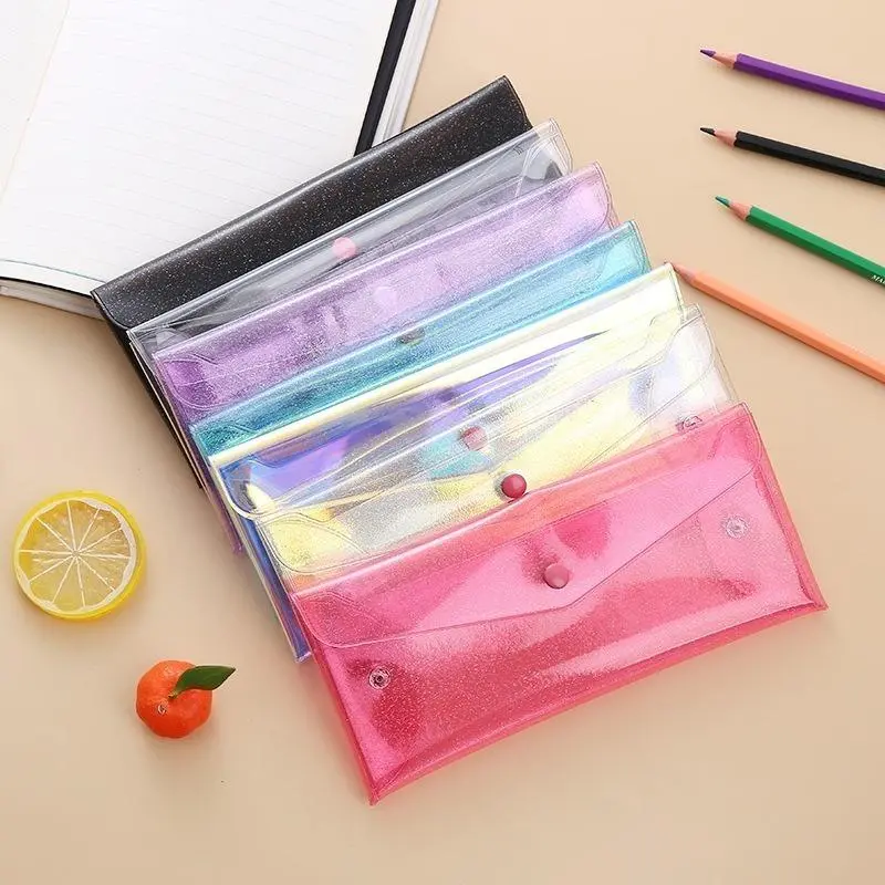 2PCS Minimalist Laser Fully Transparent Pencil Case - Portable Foldable Snap Lock Closure Stationery & Bill Storage Pouch, Travel Organizer Bag