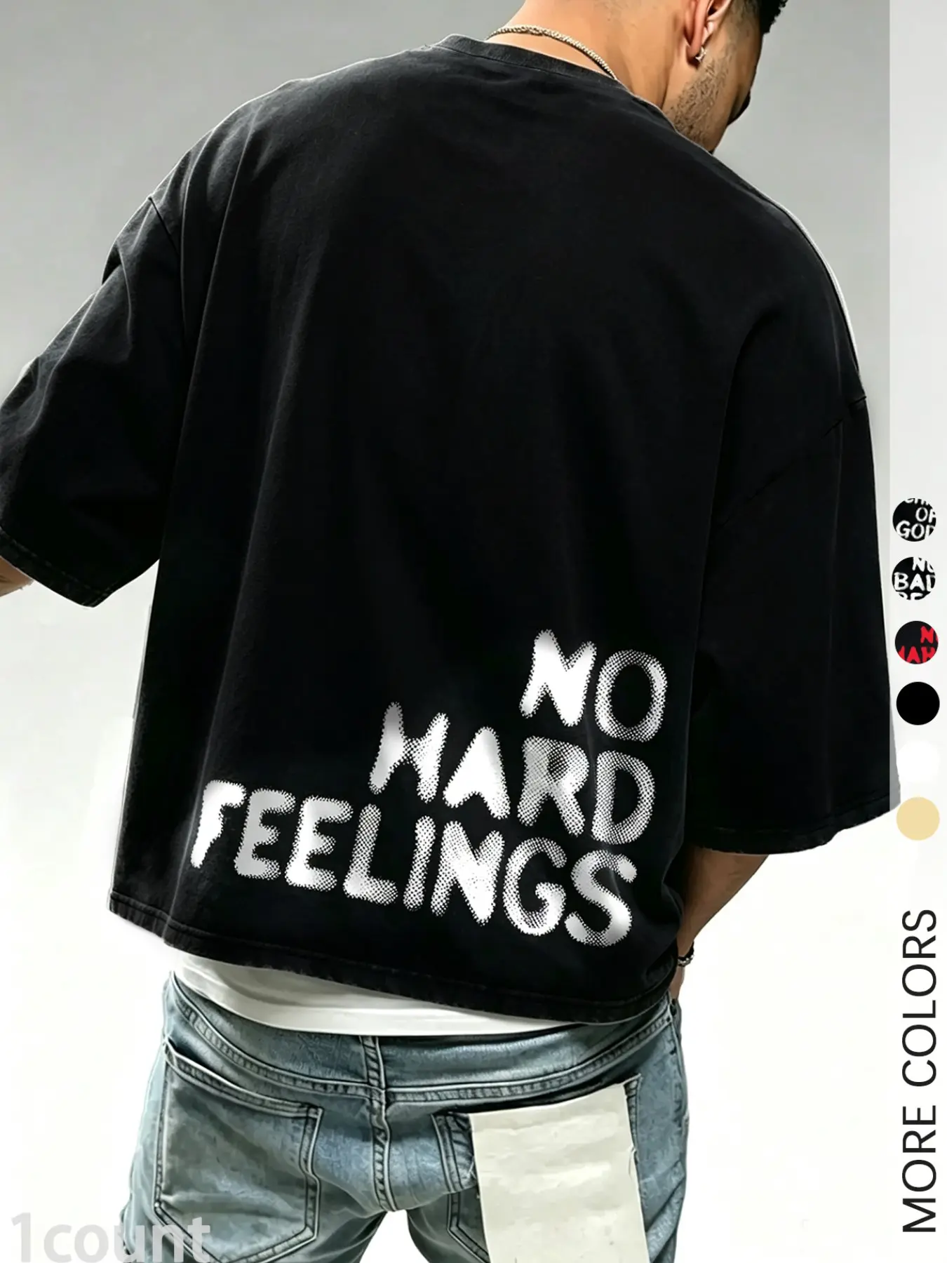 Men's Solid Black Cropped Boxy Short Sleeve T-Shirt, Streetwear Tee With NO HARD FEELINGS Letter Print, Loose Fit Top For Skate Daily Hip Hop Outfits