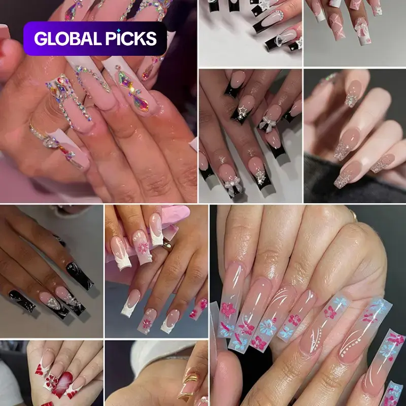 240pcs Long Square Press-On Decorative Nails Set, Bow, Rhinestone Stars, Floral, Leopard Print, Easy to Wear, Perfect for Parties