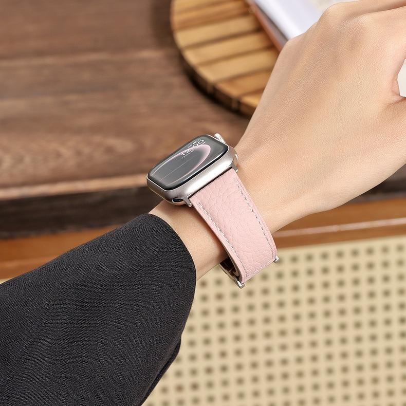 New H-Type Magnetic Buckle Lychee Pattern Leather Smart Watch Strap (38-49mm)