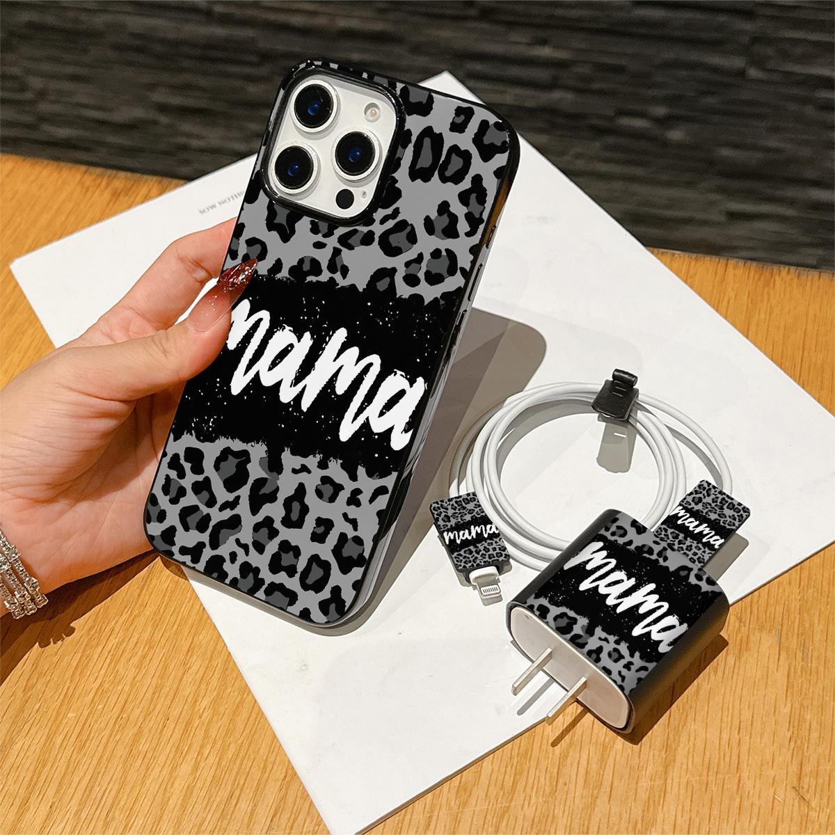 5-Piece Set Jelly Large Hole Leopard Print Letter Ma Phone Case, Charging Head Cover, Data Line Protector, Storage Rope, Smartphone Accessories