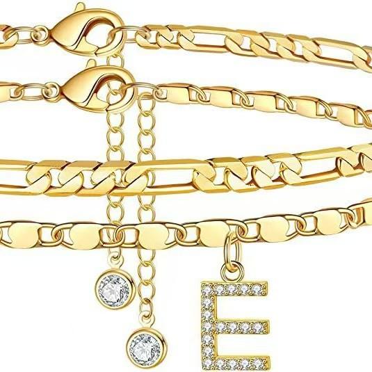 JunDa Exquisite layered Figaro chain CZ initials ankle chain set, low allergy girls' fashion adjustable size waterproof clothing accessories