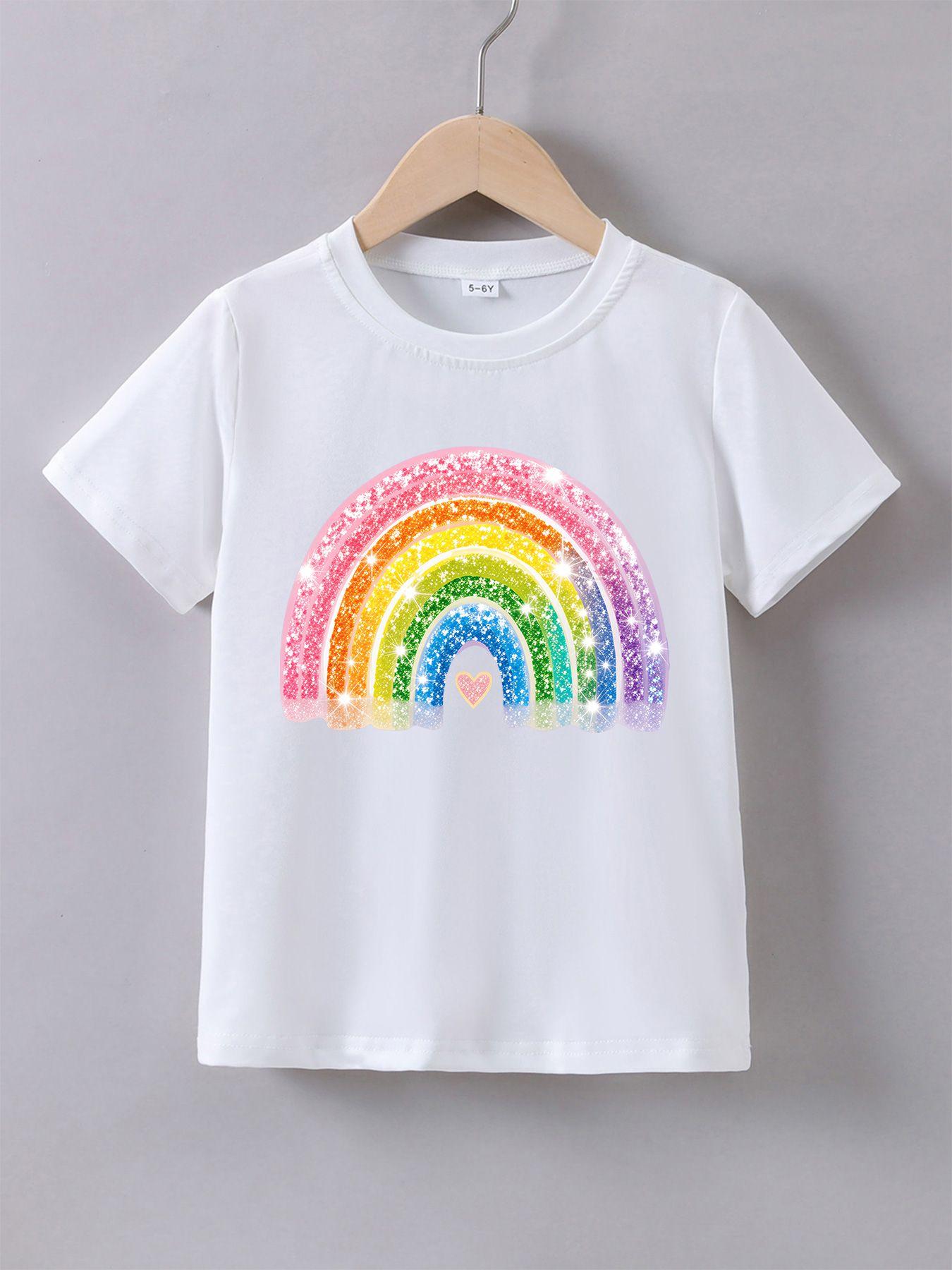 Children's summer comfortable "Shiny Rainbow" pattern, outdoor casual sports - girls' cartoon printed T-shirt