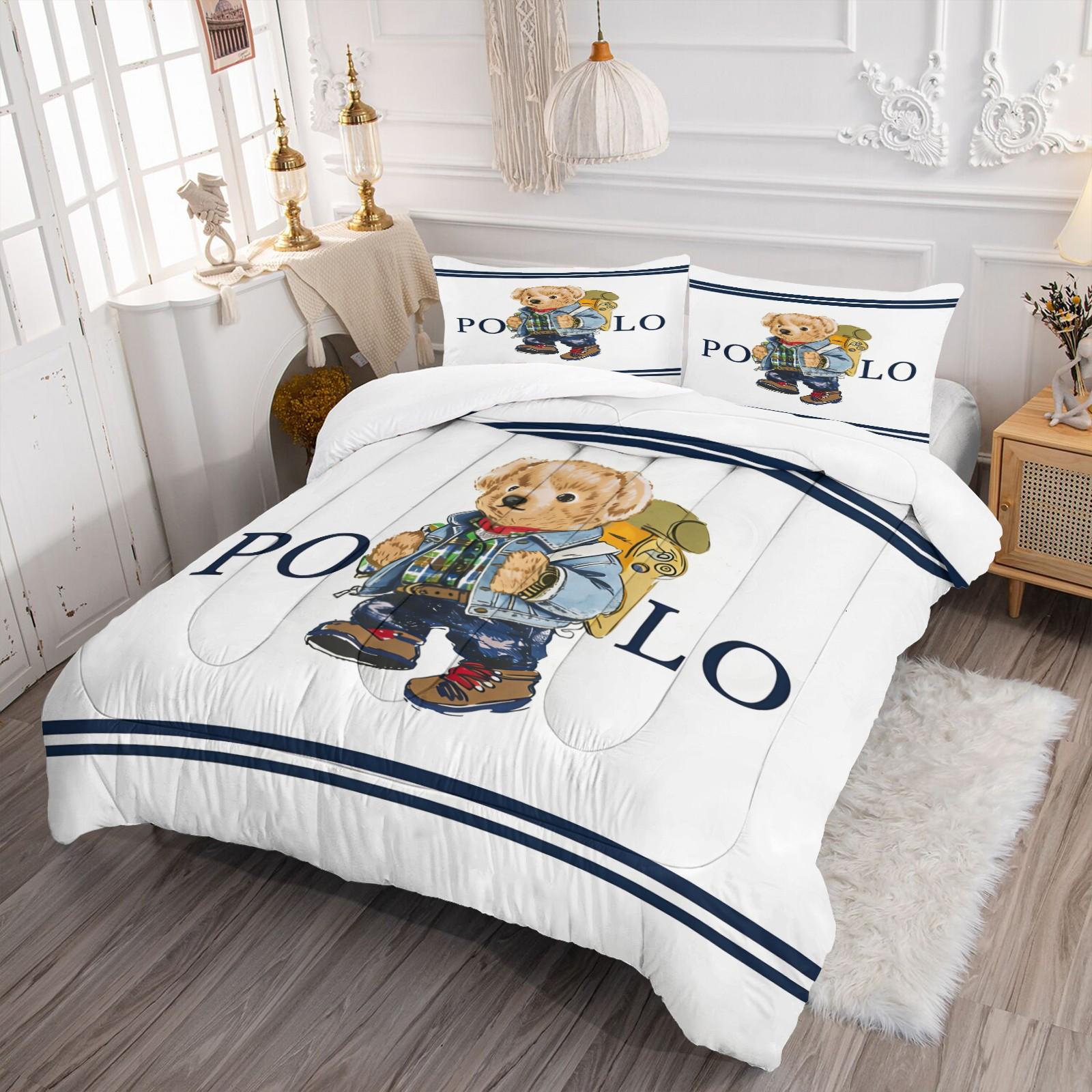 Ling grid patterned teddy bear printed bedding set, including 1 blanket and 1 or 2 pillowcases without pillowcases, soft children's or adult bedroom decoration gift Soft Bedding Sets